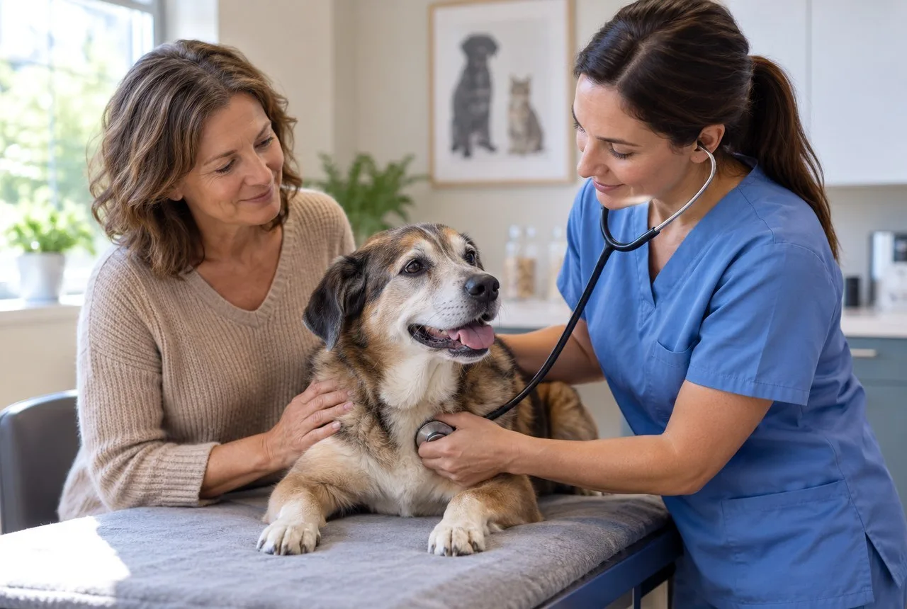 Gray-muzzled dog with its owner during a veterinary examination